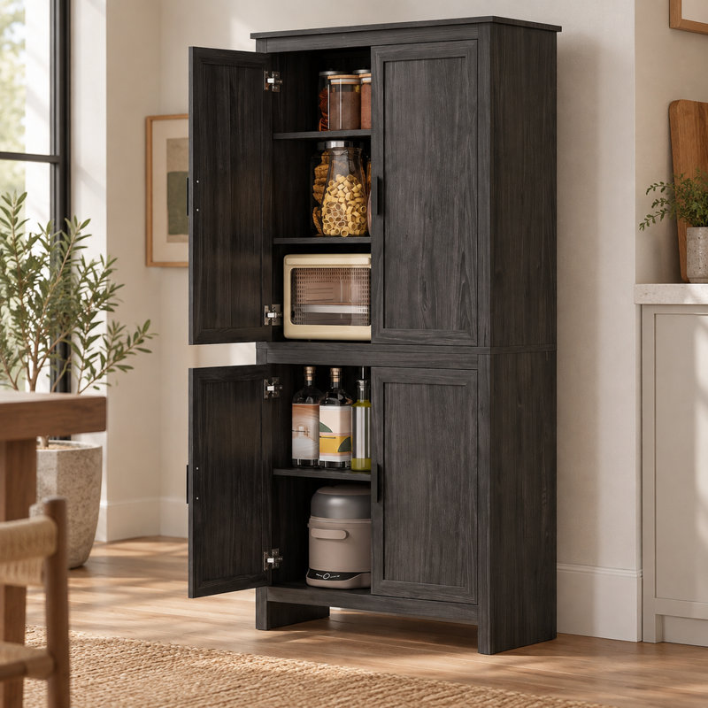 Armoire de rangement en chêne gris avec 4 portes et 3 tablettes réglables, 162,6 cm (64,06 pouces), autoportante, pour cuisine et salle à manger.