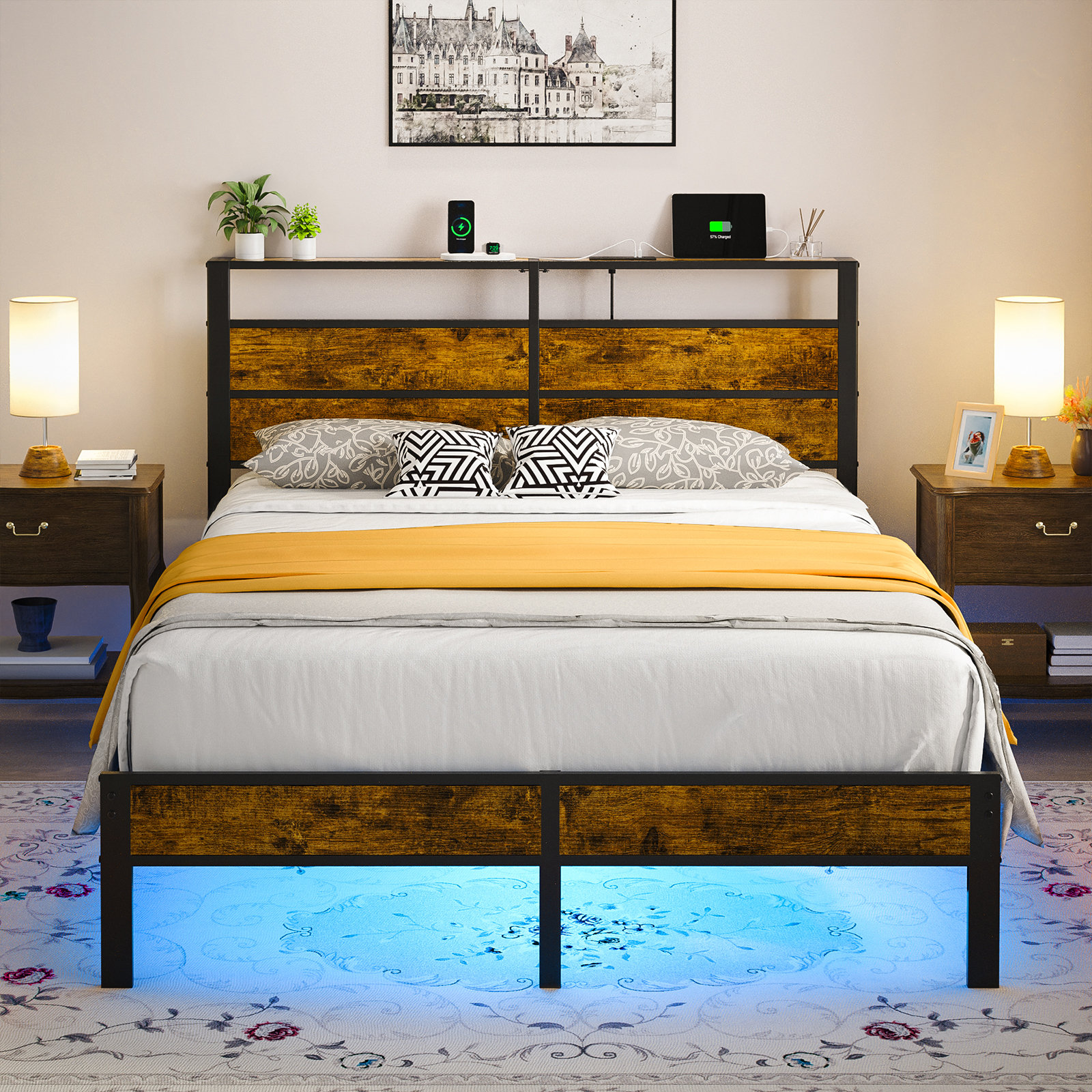 17 Stories Rean Bed Frame with Storage Headboard USB Charging Smart LED ...