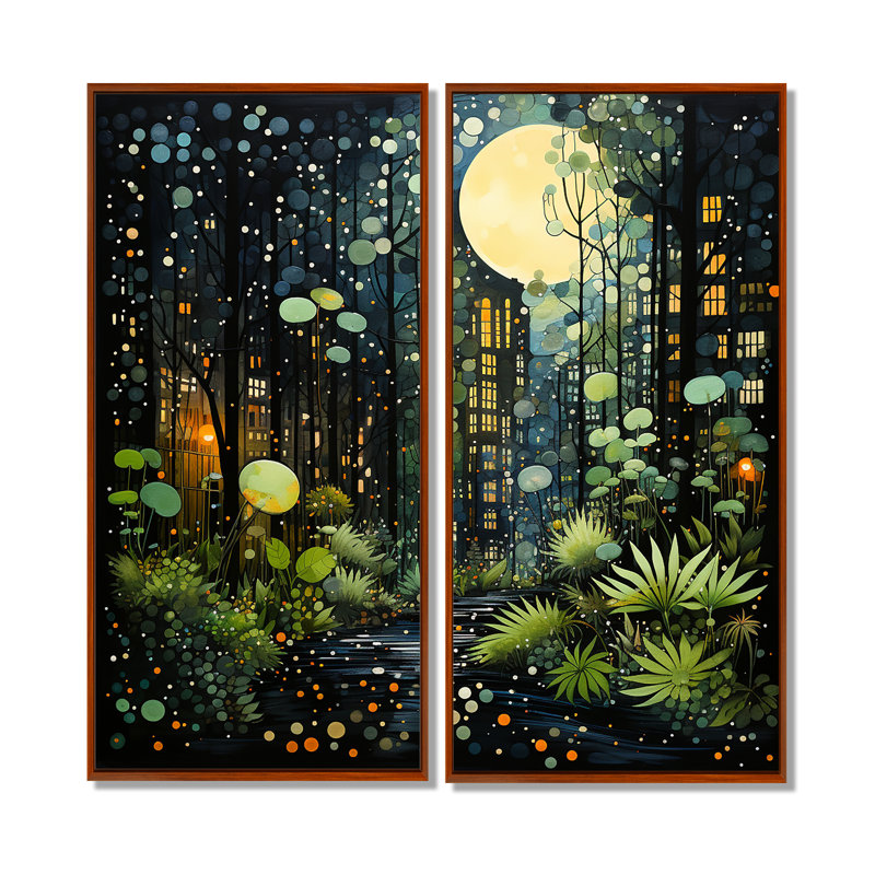 Vert et jaune, Urban Jungle II - ensemble d'art mural moderne de 2, 32" H x 32" W, Impression encadrée flottante, Brown
