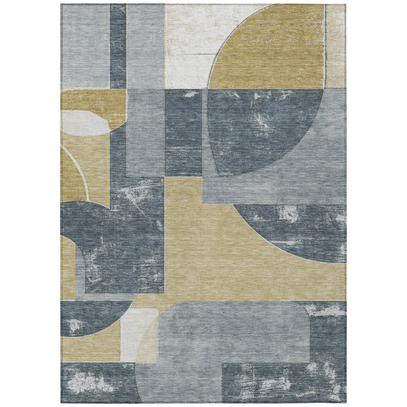 Tapis extérieur lavable à motif géométrique gris et doré 5 pi x 8 pi