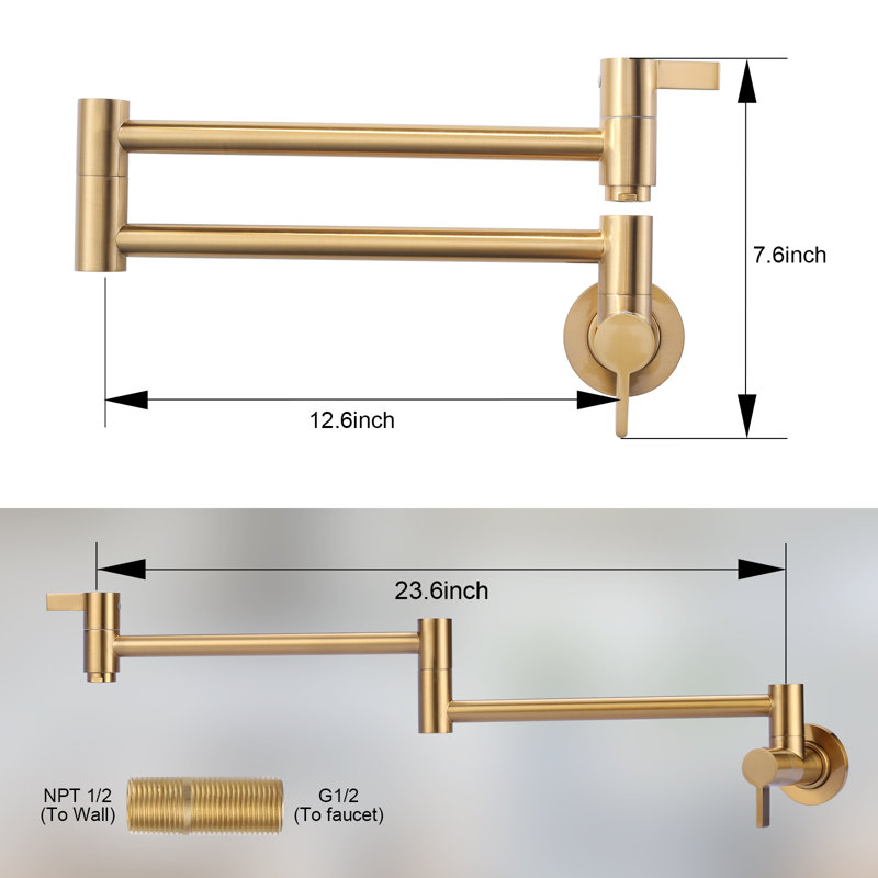 ARCORA Brass Wall Mounted Pot Filler Kitchen Faucet with Double-Handle, Gold
