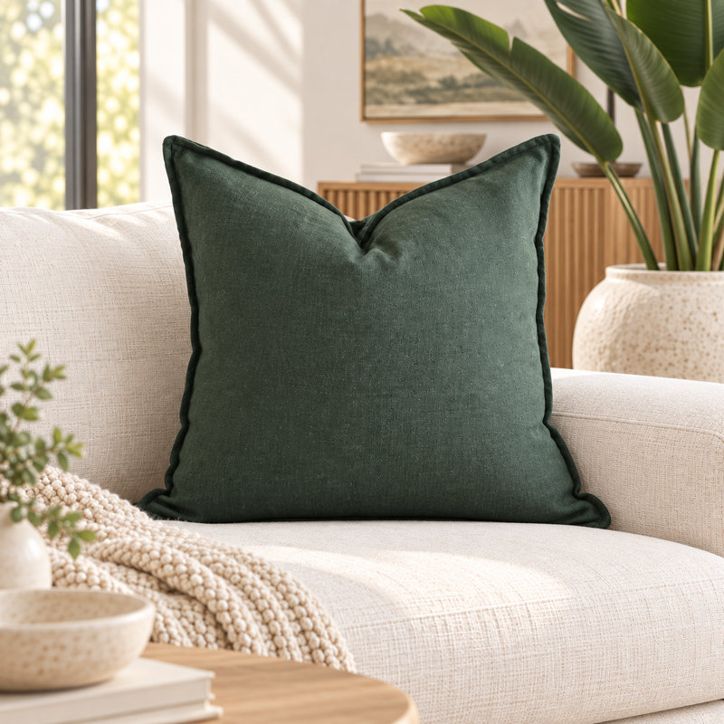 Housse de coussin vert foncé 100 % lin avec fermeture à 3 boutons au dos, H 20 po x l 20 po
