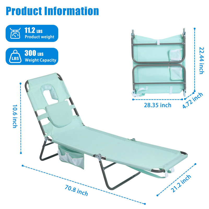 Beach Lounge Chair, Backpack Reclining Beach Chairs Lay Flat, Sun Face Down Tanning Chair, Teal-2pack