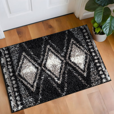 Tapis à poils longs à motif géométrique quadrillé - gris foncé anthracite - velours moyen, doux et durable