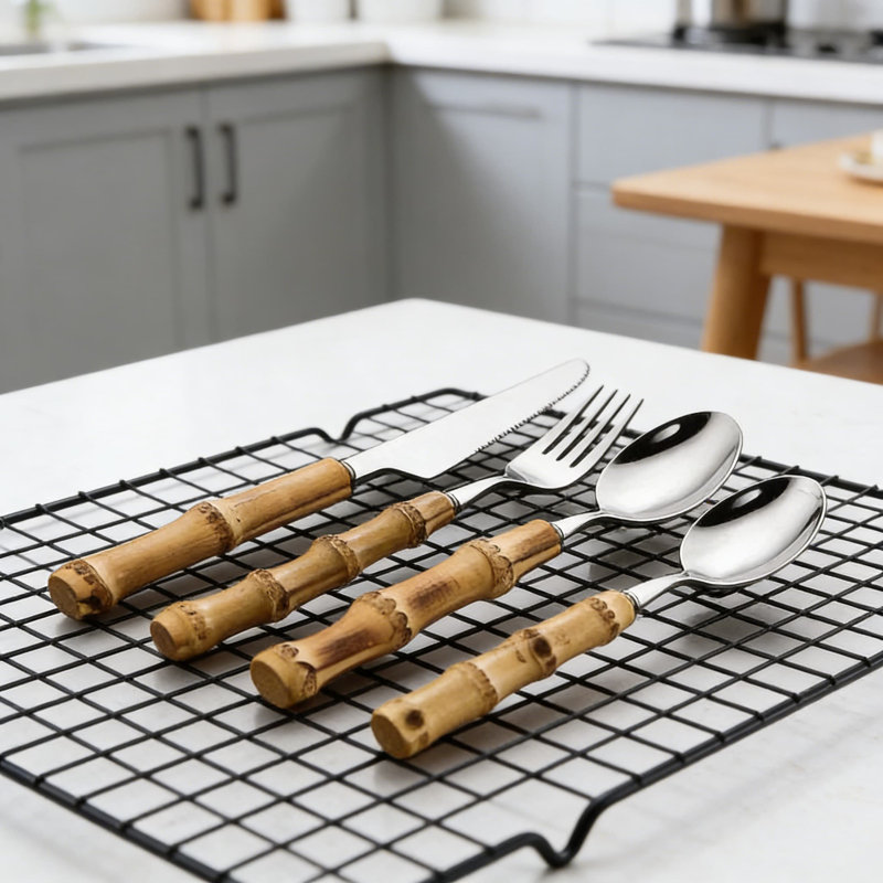 Ensemble de couverts en acier inoxydable avec poignée en bambou naturel, ensemble de 20 cuillères à fourchette et couteau à steak, ensemble de couverts rustiques pour la salle à manger