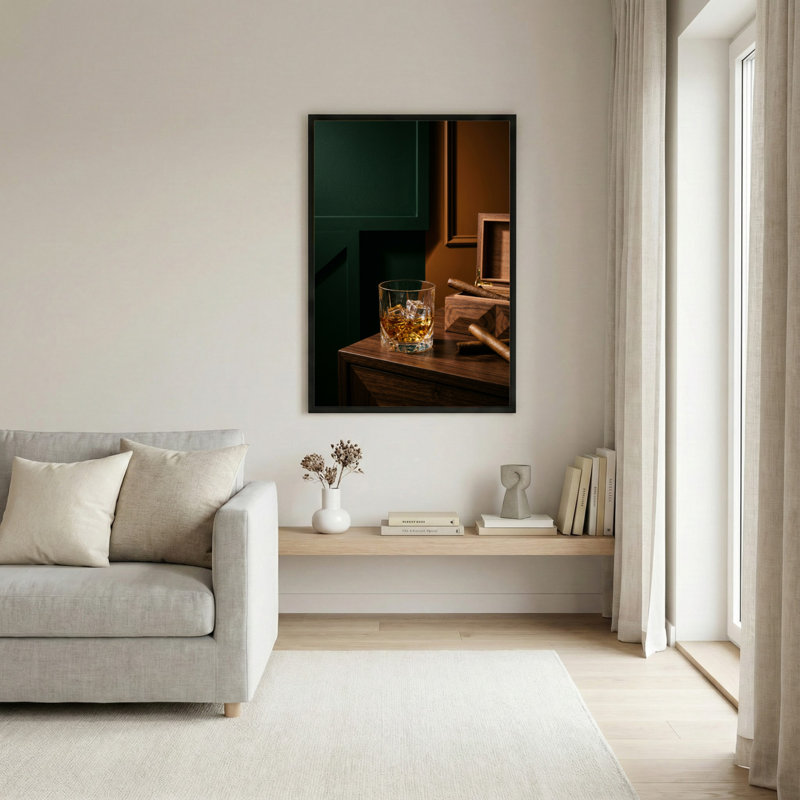 Toile noire encadrée en bois noir pour salon, chambre à coucher, bureau ou vestibule - décoration murale décorative avec cigare whisky