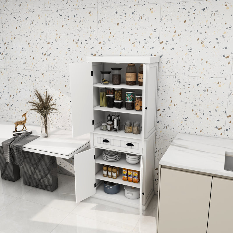 Armoire de cuisine 71 "avec tiroir et tablettes - blanc. Rangez vos appareils électroménagers. Design élégant, peinture, base stable, blanc facile à assembler pour manger. 4 portes, tiroir, 2 tablettes réglables. Fournit