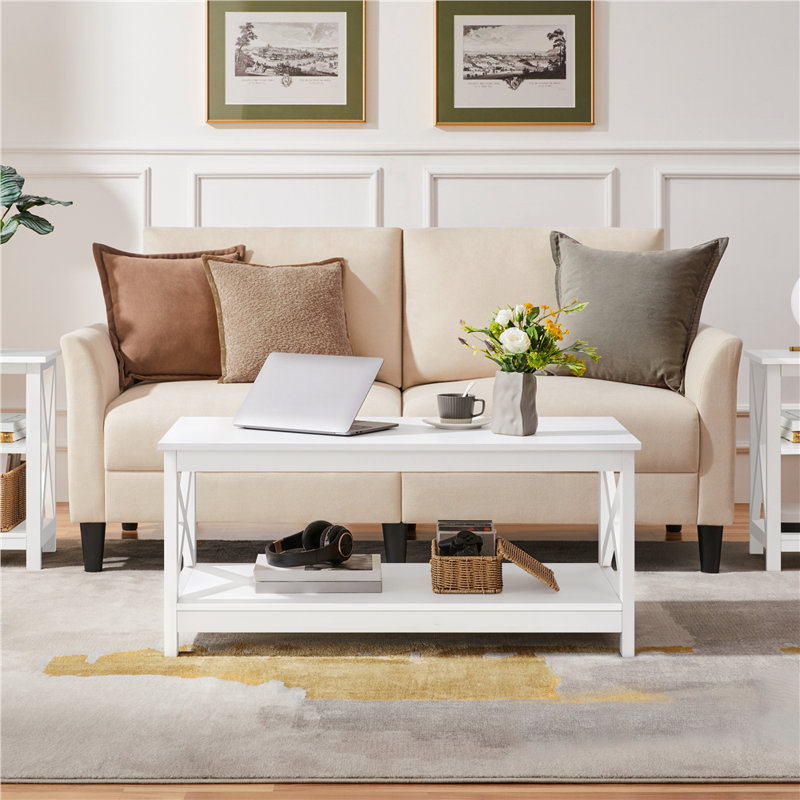 Solid Coffee Table with Storage, White
