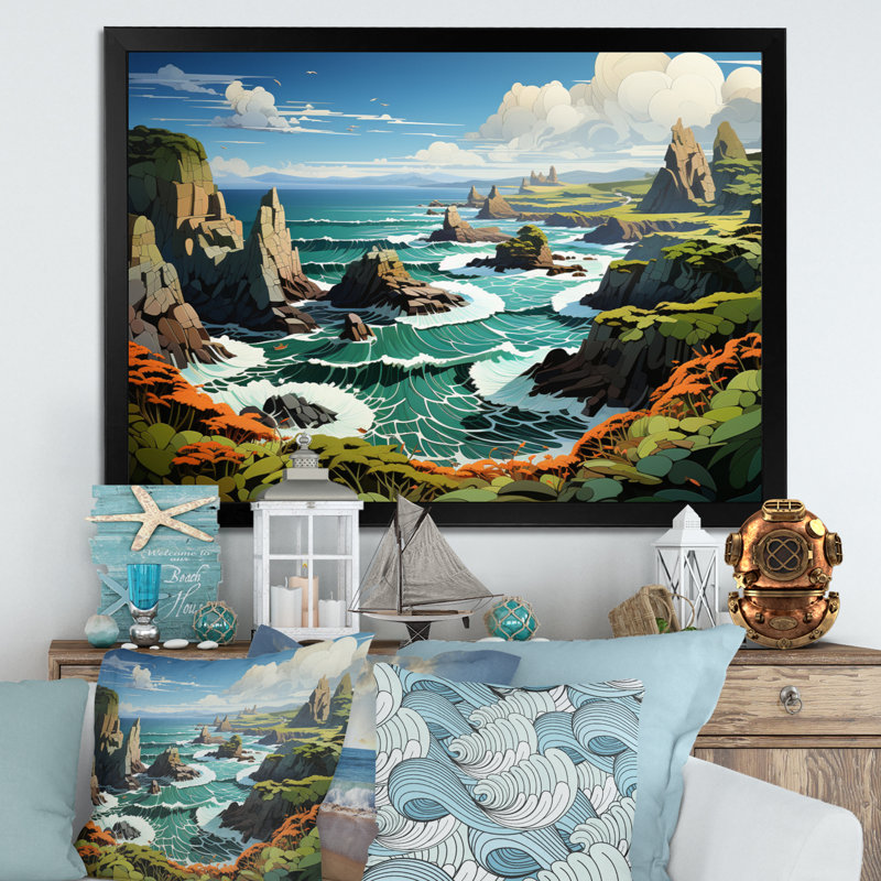Coastal Rocky Coastline Papercut - Reproductions d'art mural paysages, H 24 po x l 32 po x P 1 po, Cadre photo noir