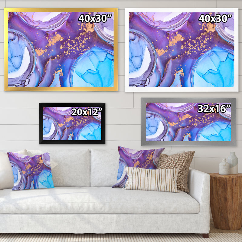 Mauve et turquoise, art abstrait fluide de luxe III - peinture sur toile, H 16 po x l 32 po x P 1 po, Cadre doré