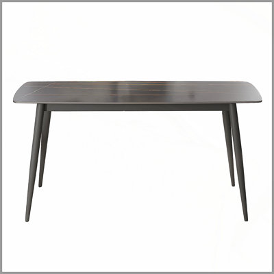 Modern Artificial Stone Dining Table With Curved Edge And Black Metal Legs, Seats 6-8 People