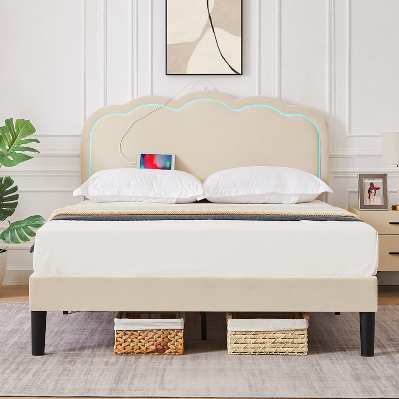 Beige Velvet Upholstered Platform Queen Size Bed Frame with LED Headboard, Adjustable Tufted Modern Bed with USB & Type-C Charging Ports, Storage & Noise-Free Slats