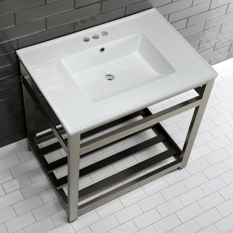 Kingston Brass Quadras 31-Inch Ceramic Console Sink with Steel Base and Shelf, White/Brushed Nickel, 4" Centers