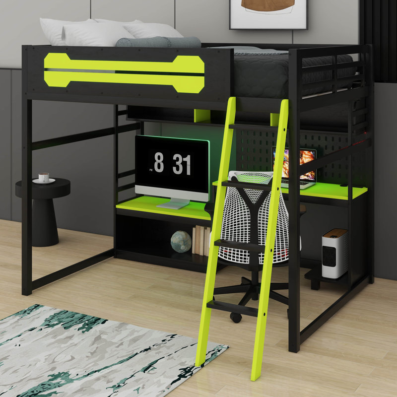 Lit mezzanine en bois pleine grandeur avec bureau, tablettes, lumières DEL, ports USB et panneau perforé, Noir/vert