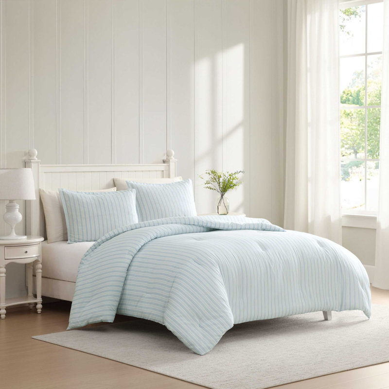 Ensemble de couette réversible en coton imprimé Laura Ashley, Édredon pour grand lit + 2 taies décoratives, Blue Striped