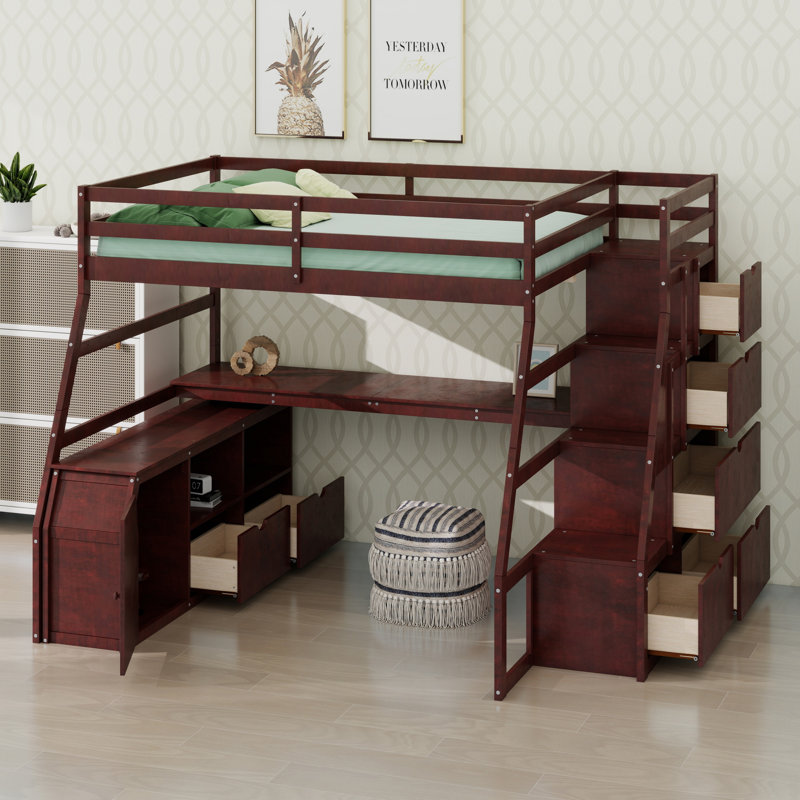 Lit mezzanine moderne avec 7 tiroirs, 2 tablettes et bureau intégré, Lit double, Espresso