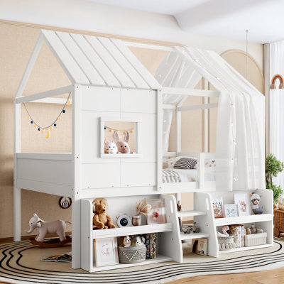 Lit mezzanine pleine grandeur avec tablettes et escaliers de rangement, lit mezzanine maison avec toit en forme de maisonnette et fenêtre, conception enfantine et sans sommier, blanc