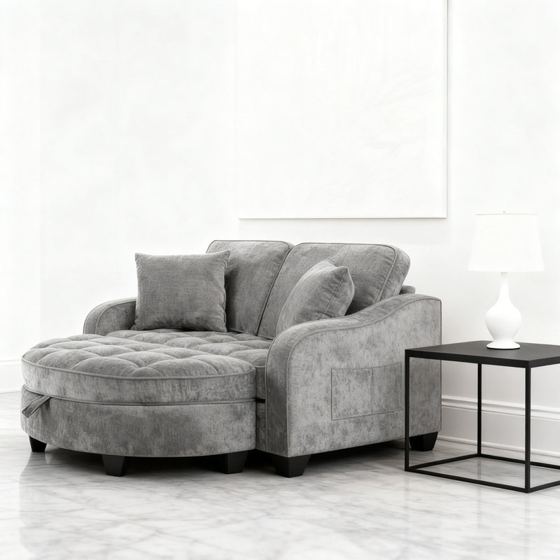 Canapé avec accoudoirs et dossiers irréguliers, repose-pieds avec espace de rangement, Gris