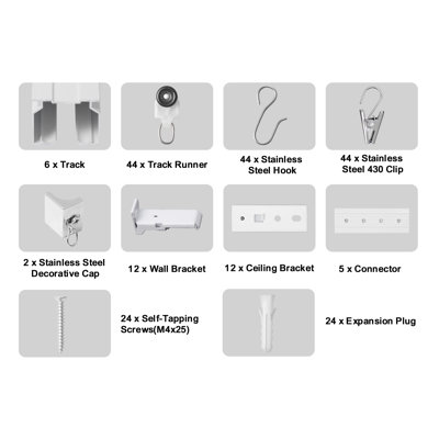 Ensemble de rail de rideau de plafond, 17,7 pi / 5,4 mètres, système de rail de plafond coulissant pour rideaux, cloison de rideau de plafond / mural pour salon, chambre à coucher avec crochets et quincaillerie, blanc