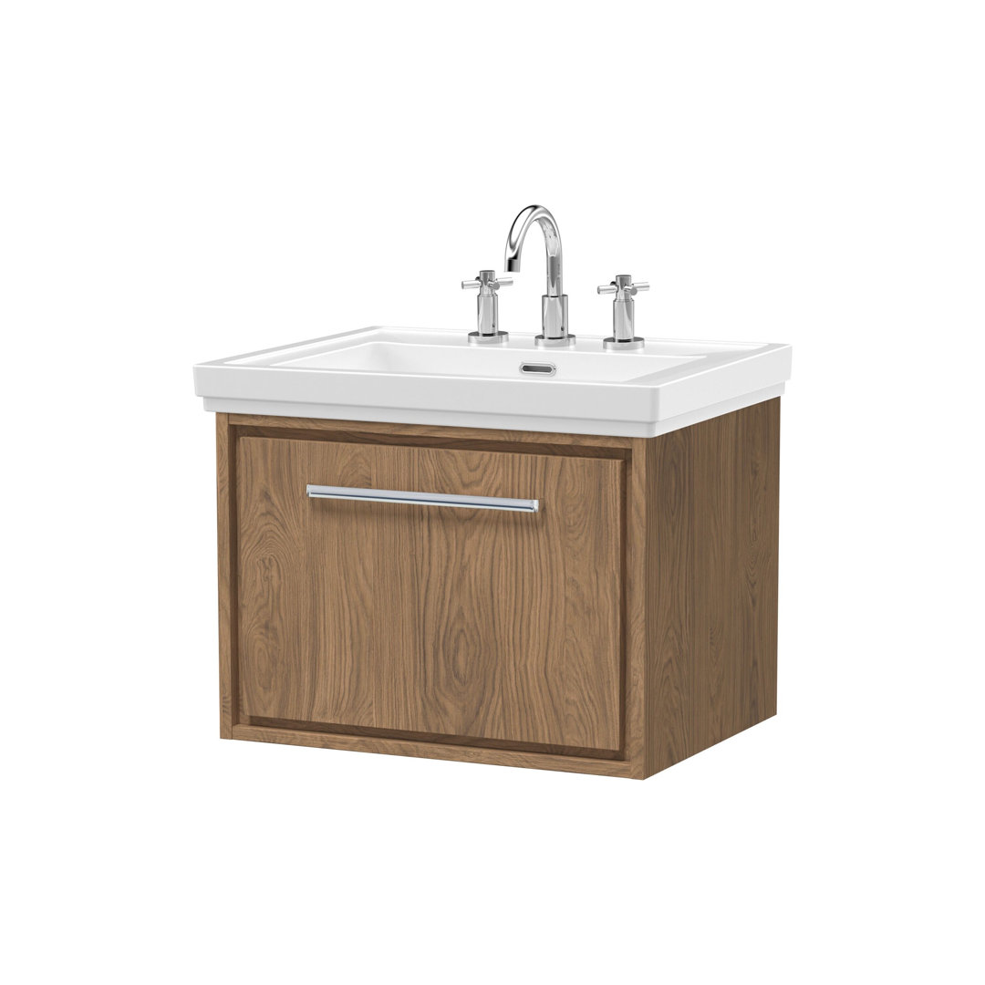 Hudson Reed Lille 600mm Wall Hung Vanity - Single Drawer - 3 Tap Hole - Antique Oak - Image 3