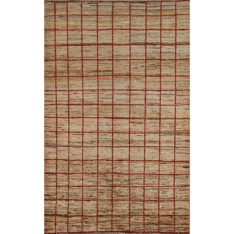 Tapis beige noué à la main de conception unique 3 pi 4 po x 4 pi 10 po