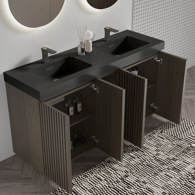 60" W Double Sink Bathroom Vanity, Black