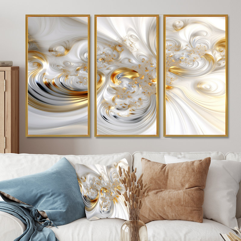 «Whirling River Dynamics Gold and White II - Abstract Spirals», ensemble d'art mural, Cadre flottant doré