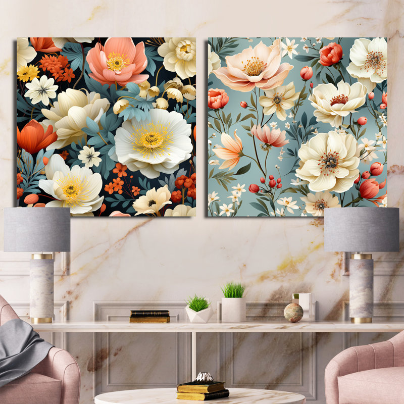 Randel - Ensemble de 2 collages carrés floraux, H 16 po x l 33 po, Toile tendue