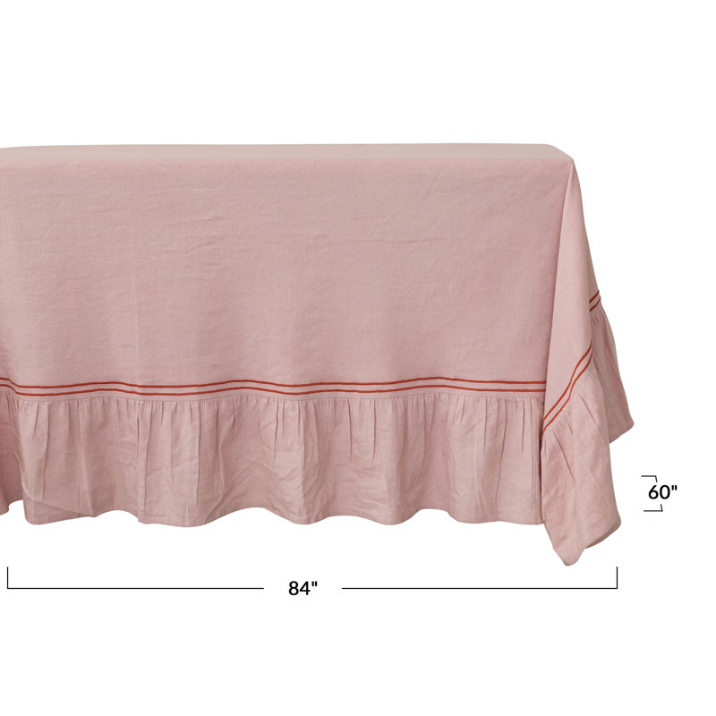 Nappe en coton et lin avec bordure brodée et bordure à volants, Rose