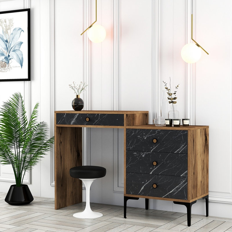 Table de maquillage moderne, noyer et noir, 48,8 x 33,4 x 15,7 pouces | 100% panneau de particules enduit de mélamine, épaisseur: 0,7 pouce | Pieds en métal robustes, poignée en plastique élégante | Parfait pour les espaces de beauté et de coiffeuse