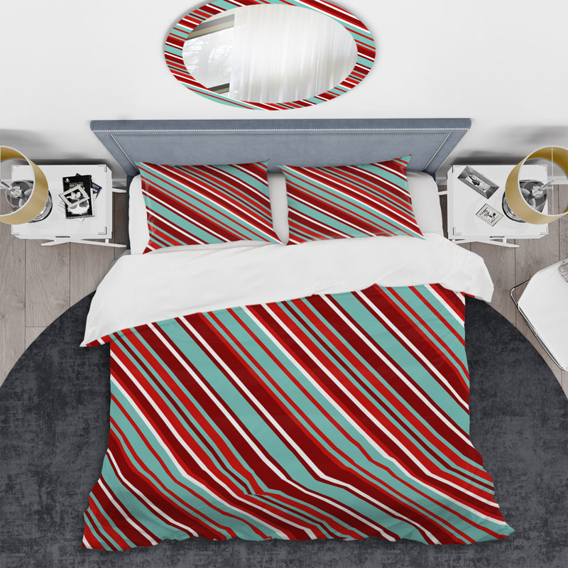 Motif rayé rouge et brun - Ensemble de housse de couette abstrait - Microfibre de polyester