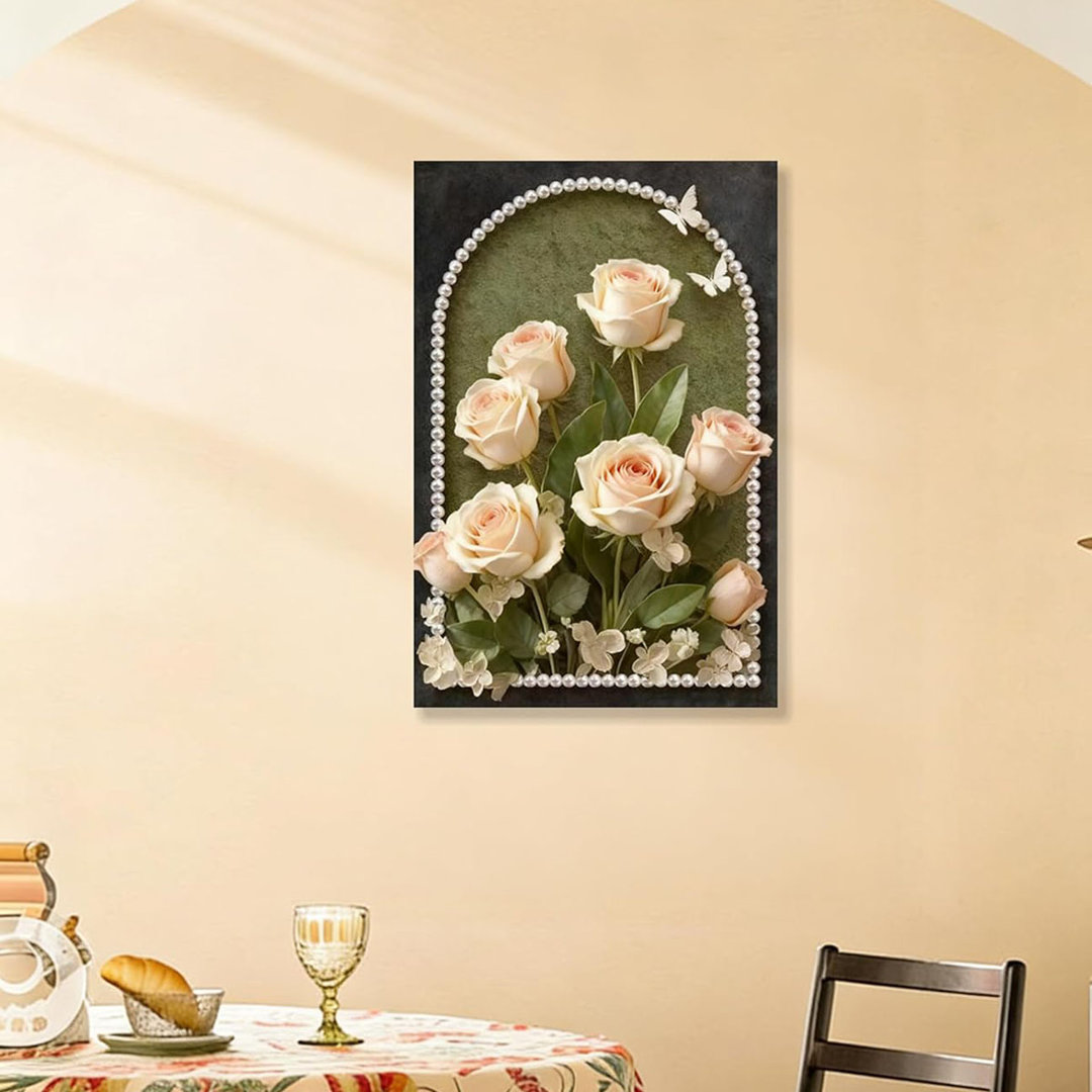 Vintage Champagne Beige Rose Floral Canvas Wall Art, Dark Arch Pearl Border Butterfly Botanical Painting, Moody Retro Aesthetic Flower Wall Decor for