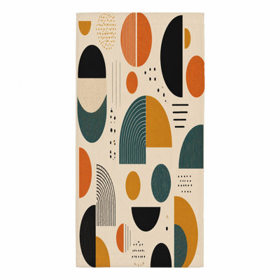 Serviette de plage géométrique abstraite de 1 pièce, avec des formes modernes de style Mid-Century dans des tons terreux comme l'orange, le bleu sarcelle et le noir sur fond crème. Grande microfibre, parfaite pour les sorties, les voyages, la décoration de salle de bain et les adultes.