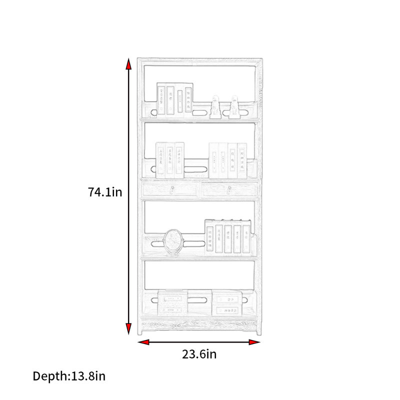 Nouvelle bibliothèque de style minimaliste chinois, (3 tablettes) H 74,1 po x l 23,6 po x P 13,8 po
