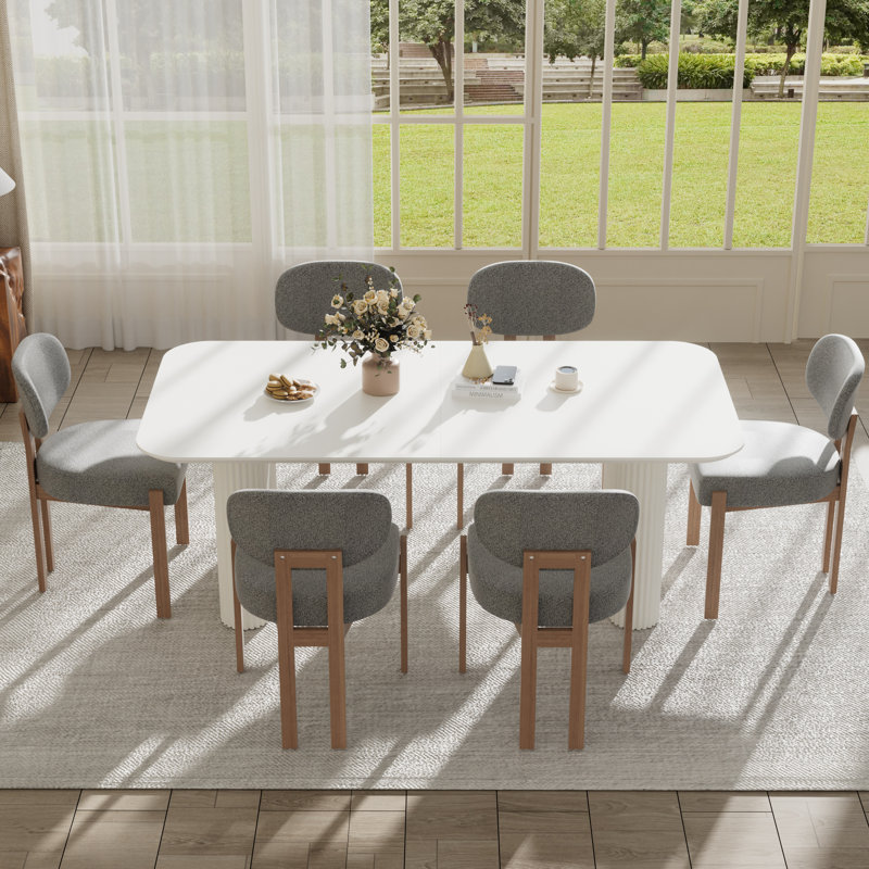 Ensemble de table de salle à manger 70,9 po, 7 Pieces: Table, 6 Chairs, Gris, Blanc