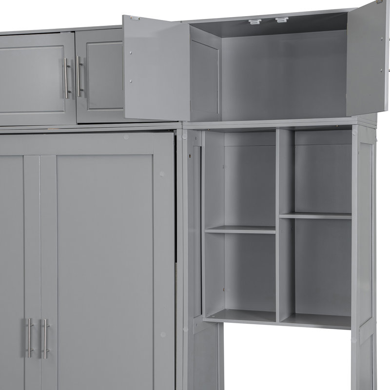 Grand lit en gris, avec trois armoires spacieuses, des tablettes intégrées et un bureau, un design peu encombrant pour les petits espaces avec finition grise, armoire supérieure, étagères, espaces optionnels, matelas