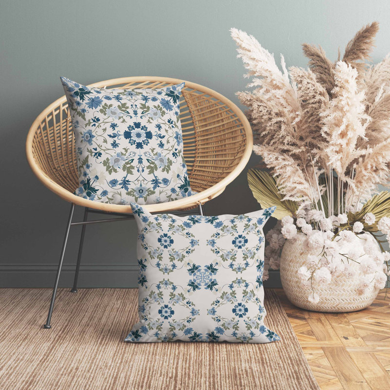 Coussin en suède Moonlit Blossoms, Carré 20 po, Bleu / Vert