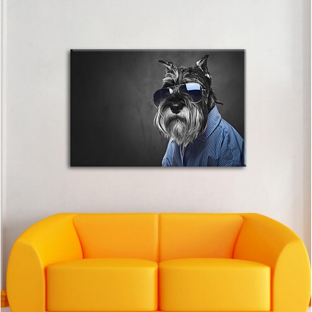 Lustiger Hund Mit Hemd Und Sonnenbrille B&W Detail Als Leinwandbild