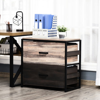 Classeur de bureau avec 2 grands tiroirs, barres en métal réglables, format A4, lettre, papiers de format légal, armoire brune / noire à utiliser, tiroirs suspendus, brun / noir, aspect industriel