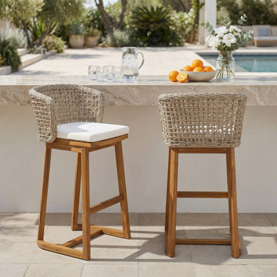 (Set of 2)Outdoor Acacia Wood Counter Height Bar Stools with Cushion & Curved Wicker Back for Patio, Poolside, Kitchen Island
