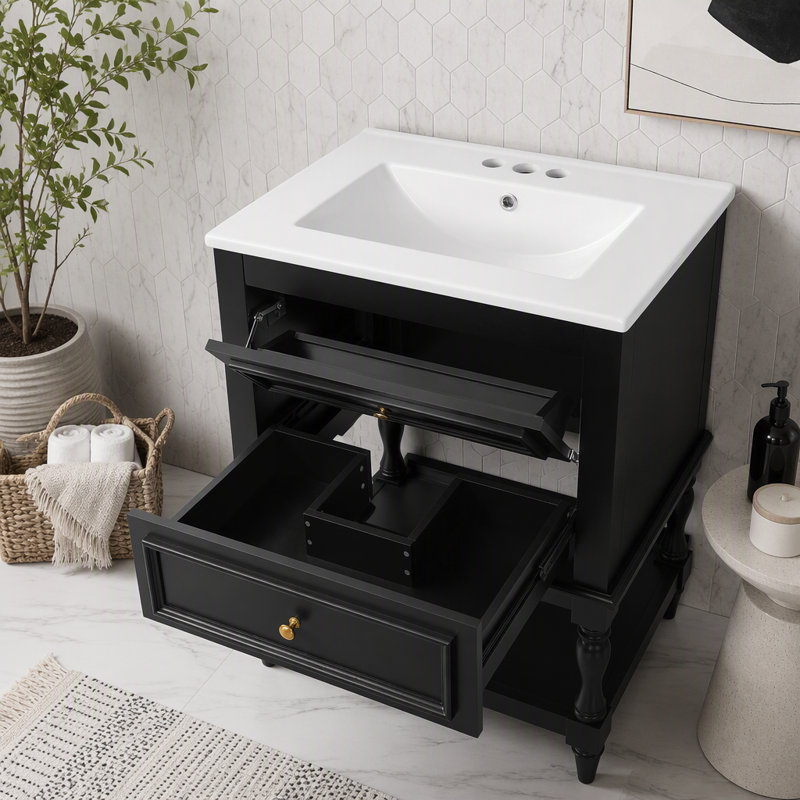 Meuble-lavabo 24 po avec lavabo en céramique, Noir