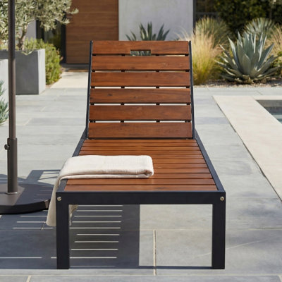 Chaise longue d'extérieur en acier et bois d'acacia, dossier réglable à 6 positions, conception pleine longueur de 78,7 po