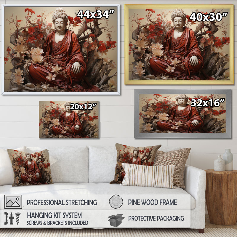 Art mural sur toile, "Red Beige Buddhism Sacred Scriptures I", H 34 po x l 44 po x P 1,5 po, Toile tendue
