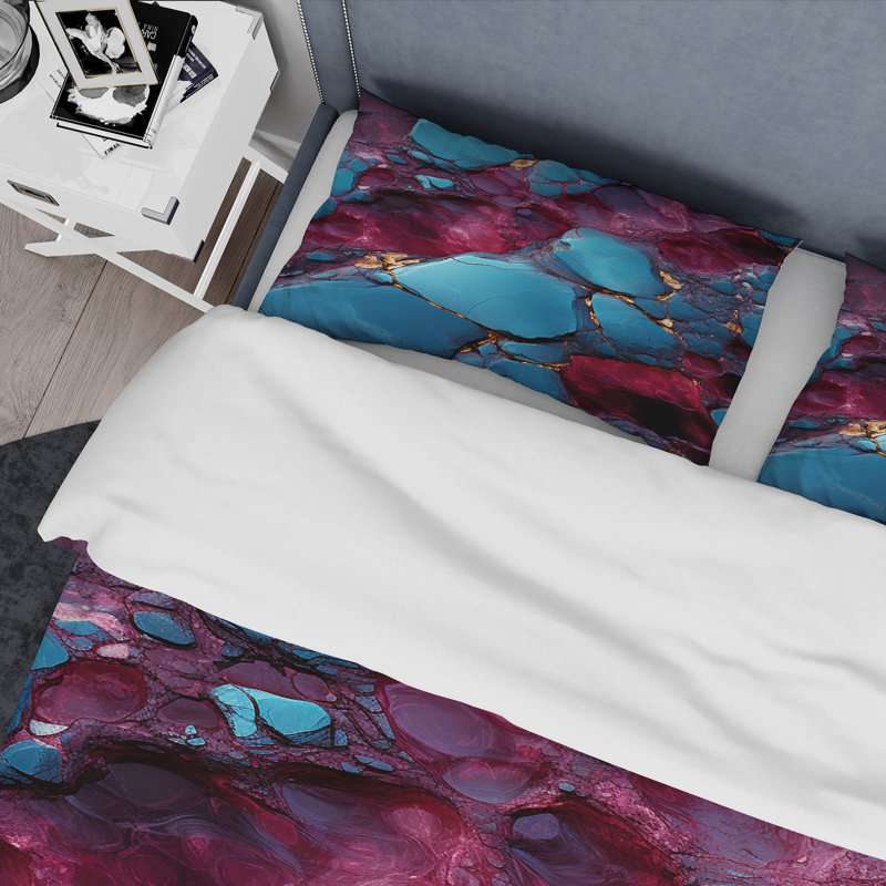 Ensemble de housse de couette bleu et mauve sans soudure Marble River II - formes modernes abstraites