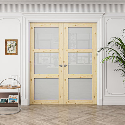 Interior 3-Lite Pine Wood & Frosted Glass Door, Colonial Natural Solid Pine Double French Doors, SGCC Certified Tempered Glass, White Frame & Satin Nickell Hardware-Privacy Door Lever with Lock, Latch & Hinges, Unfinished & Paintable, 72"x 80"