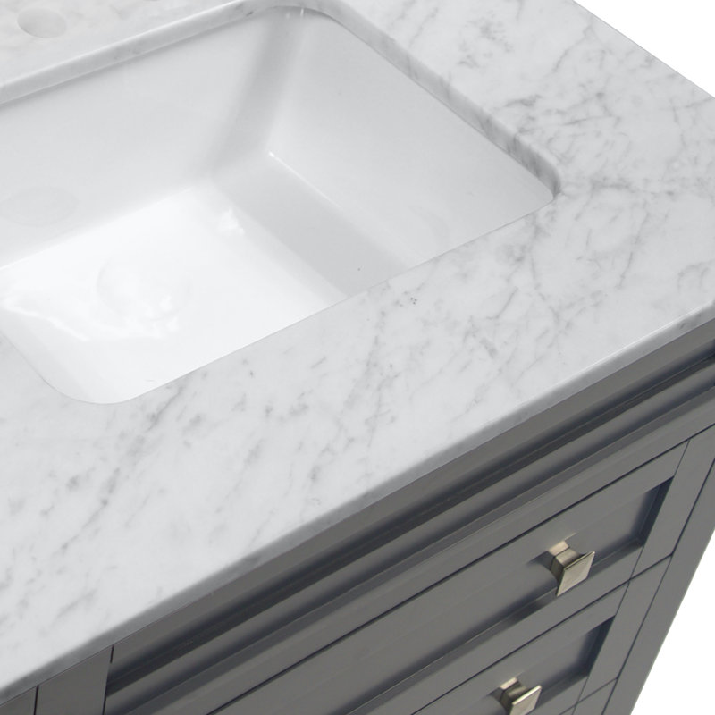 Meuble-lavabo simple 36 po avec meuble-lavabo gris marine et comptoir en marbre de Carrare Whitman, Marbre de Carrare