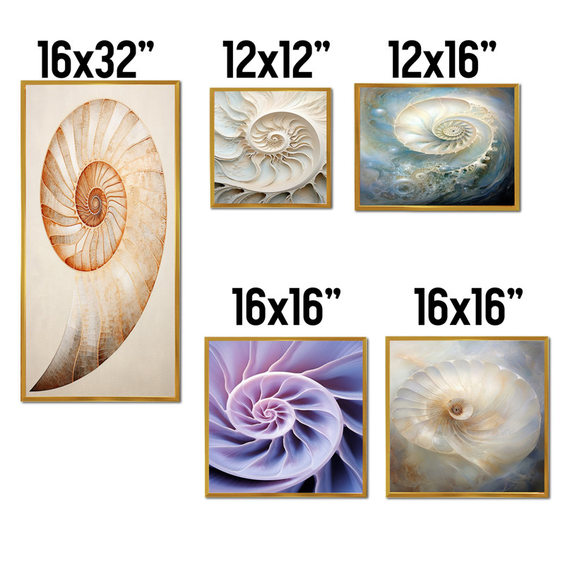 Cuivre cuivré spirales Nautilus I - ensemble d'art mural sur toile Nautilus de 5, Cadre flottant doré