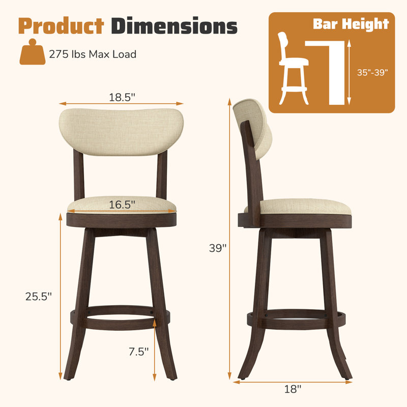 Bar Height Chairs Set of Swivel High Barstool w/ Padded Seat & Backrest, Counter Stool (25.5” Seat Height), 4