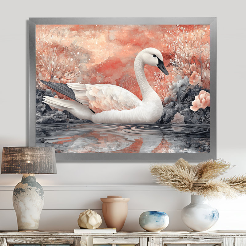 Rose cygne, reflets de l'élégance - cygnes, art mural, H 30 po x l 40 po, Avec cadre, Argent argent