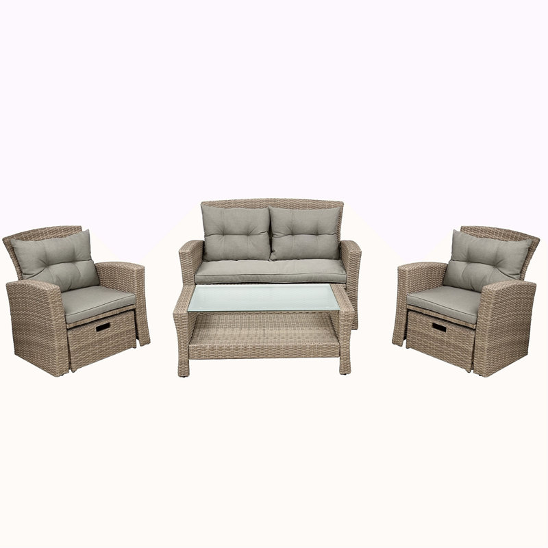Canapé modulaire d'extérieur en osier avec repose-pieds et coussins 4 pièces, Gris